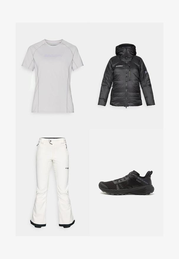 Mustmust rõngaga must puffer jakk, reguleeritava kapuutsiga ja Mammut'i logo. Omab tikanditud disaini ja küljetaskute funktsionaalsust.; Helehall särgis, lühikeste varrukatega, ümmarguse kaelusega, millel on lillakaid aktsente ja esiosal logo 'MAMMUT'. Pehme ja sile kangas.; Valged suusapüksid, mis on valmistatud pehmest ja paindlikust materjalist. Omavad vormitud talje, laiu flöödid ja musta äärist varrukatel. Brändi logo on nähtav.; Mustmustel mustuskead tekstureeritud võrgu pealmise osaga, tugevdatud varbalae ja kummist tallaosaga. Omab nöörimise süsteemi ja logo detailimist küljel.