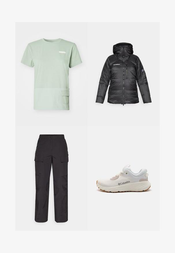 Czarna kurtka puchowa z zamkiem błyskawicznym, regulowanym kapturem i logo Mammut. Posiada pikowaną konstrukcję oraz boczne kieszenie dla zwiększenia funkcjonalności.; Jasnozielona koszulka z miękkiej bawełny z okrągłym dekoltem. Posiada kieszonkę na dole po lewej stronie oraz małe logo na piersi.; Czarne spodnie cargo wykonane z trwałego materiału, z wieloma bocznymi kieszeniami, z zapięciem na guzik oraz luźnym krojem z prostymi nogawkami.; Lekkie sportowe buty Columbia w białej siateczce z teksturowaną szaro-skalną podeszwą i gumowym bieżnikiem. Posiadają wyściełany kołnierz oraz klasyczny sznurowany design.