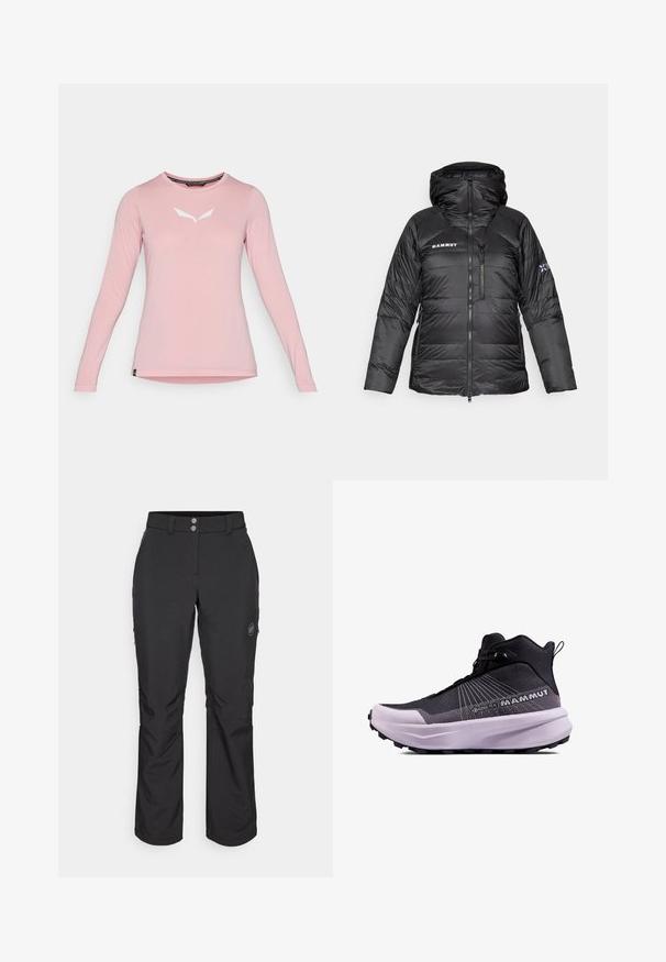 Giacca a vento nera imbottita con chiusura a zip, cappuccio regolabile e logo Mammut. Presenta un design trapuntato e tasche laterali per la praticità.; Maglietta a maniche lunghe rosa con logo minimalista bianco centrato sul petto, esposta su uno sfondo bianco plain.; Pantaloni outdoor neri con taglio dritto, dotati di chiusura con bottone, tasche laterali con zip e una patch con logo sulla coscia sinistra.; Scarpe da trekking nere e viola con tomaia testurizzata, marchio Gore-Tex e suola ammortizzata con battistrada robusto per una migliore aderenza.