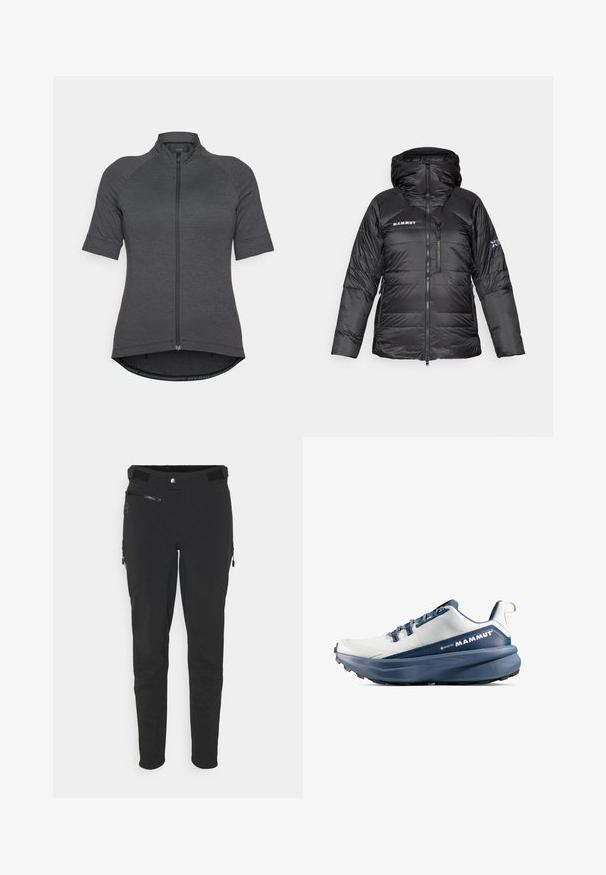 Svart pufferjacka med dragkedja, justerbar huva och Mammut-logotyp. Har en kviltad design och sidofickor för praktisk användning.; Kortärmad cykeltröja i mörkgrått, med en hel dragkedja fram, raglanärmar och en krökt nederkant med texturerad tyg.; Svarta utomhusbyxor tillverkade av elastiskt tyg, med dragkedjefickor, en smal passform och en slät yta med förstärkta knäpaneler.; Herrvandringsskor med lätta, vattentäta material. Grå ovandel, blå detaljer, tjocka dämpningar och mönstrad svart gummisula.