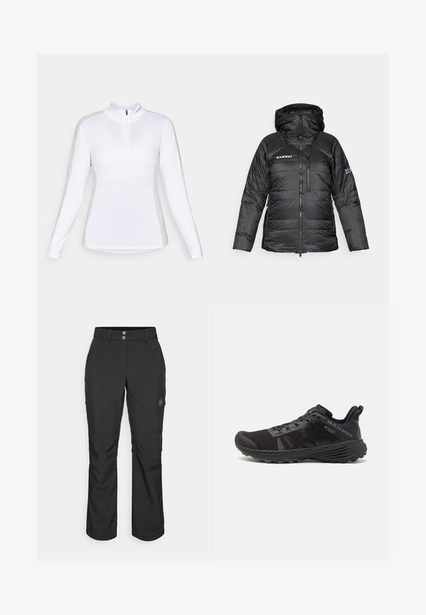 Czarna kurtka puchowa z zamkiem błyskawicznym, regulowanym kapturem i logo Mammut. Posiada pikowaną konstrukcję oraz boczne kieszenie dla zwiększenia funkcjonalności.; Biała, długorękawowa koszulka sportowa z zamkiem przy kołnierzu. Charakteryzuje się bezszwowym wykończeniem i dopasowanym krojem, odpowiednia do aktywności na świeżym powietrzu.; Czarne spodnie outdoorowe o prostym kroju, z zapięciem na guzik, zapinanymi na zamek bocznymi kieszeniami oraz naszywką z logo na lewej udzie.; Czarne buty biegowe z teksturowaną siateczkową cholewką, wzmocnionym czubkiem i gumową podeszwą. Wyposażone w system sznurowania oraz detal logo po boku.
