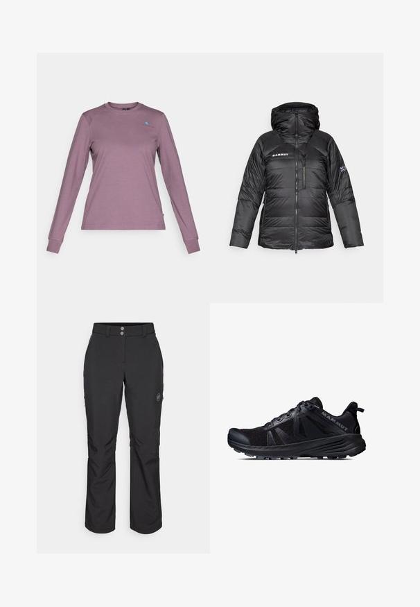 Svart pufferjacka med dragkedja, justerbar huva och Mammut-logotyp. Har en kviltad design och sidofickor för praktisk användning.; Långärmad skjorta i dämpad lavendel. Tillverkad av mjukt tyg med rundad halsringning, med en liten blå logotyp på bröstet och åtsittande ärmar.; Svarta utomhusbyxor med rak passform, med knappstängning, fickor med dragkedja på sidan och en logotypapplikation på vänster lår.; Svart trail running-sko med ovandel i mesh och gummisula. Har texturerade overlay, förstärkt tåhätta och varumärkeslogotyp på hälen.