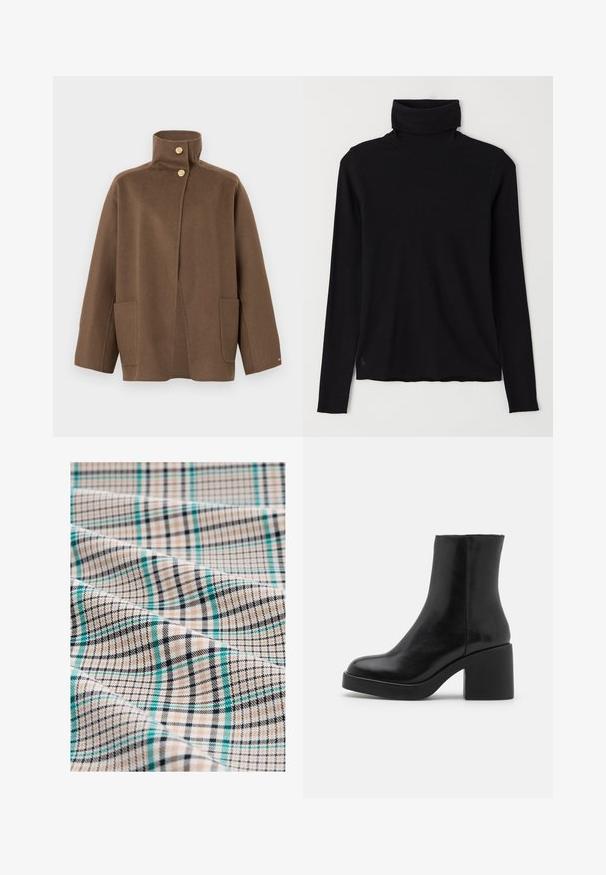 Braune Wolljacke mit hohem Kragen, zwei goldenen Knöpfen, langen Ärmeln und aufgesetzten Taschen vorne auf weißem Hintergrund.; Schwarzer Rollkragenpullover aus geripptem Stoff. Lange Ärmel, figurbetonte Passform und ein leicht lockerer Saum ohne sichtbare Muster oder Beschläge.; Karosstoff in Beige, Schwarz und Petrol. Besitzt ein Gittermuster mit feinen Linien und einer strukturierten Oberfläche, die eine Mischung aus Karos und Streifen zeigt.; Schwarze Lederstiefelette mit runder Spitze und blockigem Absatz. Glatte Textur, minimalistisches Design und keine sichtbaren Beschläge oder Akzente.