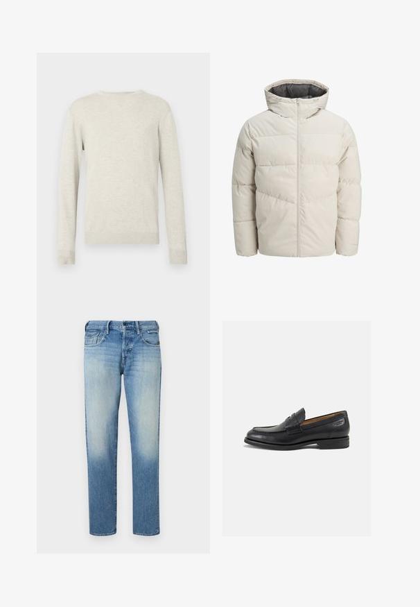 Casaco acolchoado em bege claro com gola alta e fecho de zip. Apresenta um design acolchoado e punhos elásticos. Tecido leve.; Sweater bege de gola redonda de manga longa com punhos e bainha canelados, exibido contra um fundo branco liso.; Jeans de denim azul claro com acabamento desbotado, pernas de corte reto, cinco bolsos e fecho com botão. Detalhes de costura e etiqueta da marca na parte de trás.; Mocassins pretos de pele com um acabamento suave, bico redondo e costura decorativa no a parte superior. Salto baixo e empilhado com um ligeiro brilho.