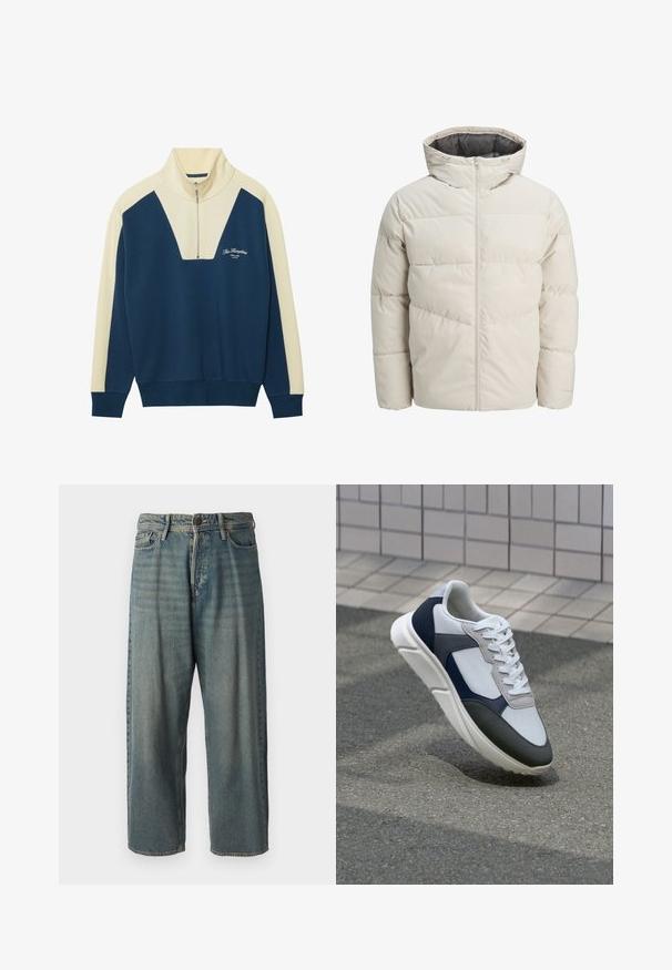 Giacca imbottita di colore beige chiaro con colletto alto e chiusura con zip. Presenta un design trapuntato e polsini elasticizzati. Tessuto leggero.; Maglione a pullover blu navy e crema con colletto a half-zip, caratterizzato da un design a forma di V e testo del logo sul petto. Materiale in morbido misto cotone.; Jeans di denim azzurro chiaro con vestibilità ampia, vita media e gambe dritte. Presenta cinque tasche, passanti per cintura e chiusura con bottone.; Sneaker bianca, blu navy e grigia con un design a materiali misti, caratterizzata da una tomaia testurizzata, lacci piatti e una suola imbottita.