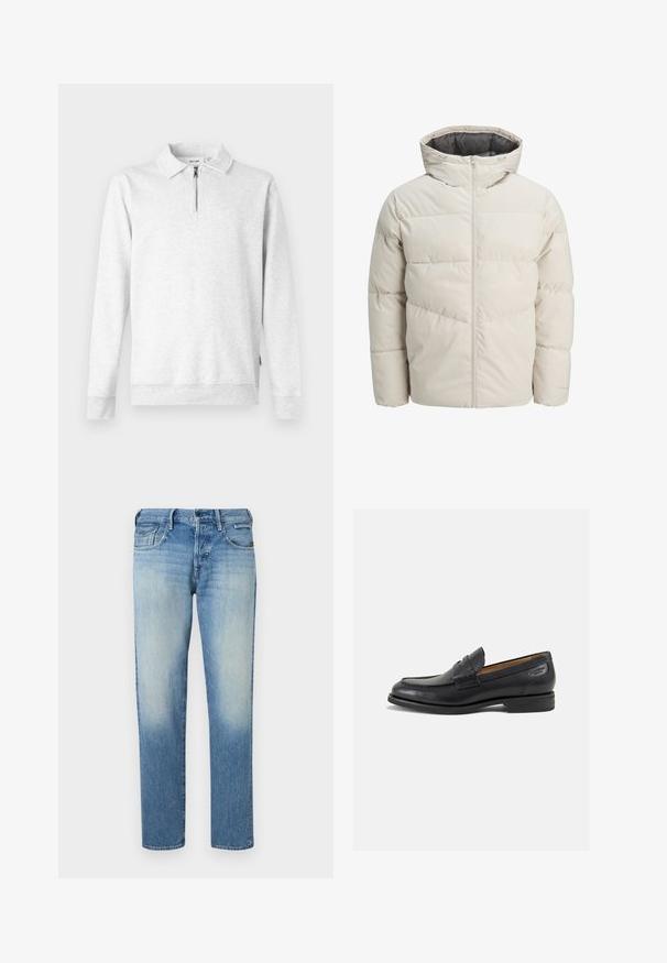 Vaatteet, joissa on vaahtomuovilla vuorattuja takkeja vaaleanbeige värissä, joissa on korkea kaulus ja vetoketjukiinnitys. Takissa on tikattu malli ja elastiset hihansuut. Kevyt kangas.; Vaaleanharmaa huppari, jossa on vetoketjukaulus, pitkät hihat, ribbauspaikat hihansuissa ja helmassa. Valmistettu pehmeästä, teksturoidusta kankaasta. Ei kuvioita tai yksityiskohtia.; Vaaleansiniset farkut haalistuneella pinnalla, suorat lahkeet, viisi taskua ja nappikiinnitys. Ompeleet ja merkkilappu takana.; Mustat nahkaloaferit, joissa on sileä pinta, pyöreä varvas ja koristeompeleet varpaansuojassa. Matala pinottu korko ja hieno kiilto.