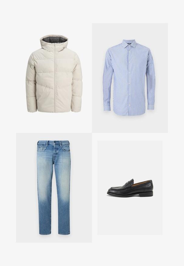 Pufota jaka gaišā bēžā krāsā ar augstu apkakli un rāvējslēdzēja aizdari. Iekļauj kviltotu dizainu un elastīgas aproces. Viegls audums.; Zila un balta svītraina krekls ar pogām, apkakli, garām piedurknēm un taisnu apakšmalu. Mīksta auduma un klasiskā fasonā.; Gai zila denima bikses ar izbalinātu faktūru, taisna griezuma kājas, piecas kabatas un pogu aizdare. Izšuvumi un zīmola uzlīme aizmugurē.; Melnas ādas loafers ar gludu apdari, noapaļotu purngalu un dekoratīvām šuvēm uz virsu. Zems, sakrauta papēža un neliels spīdums.