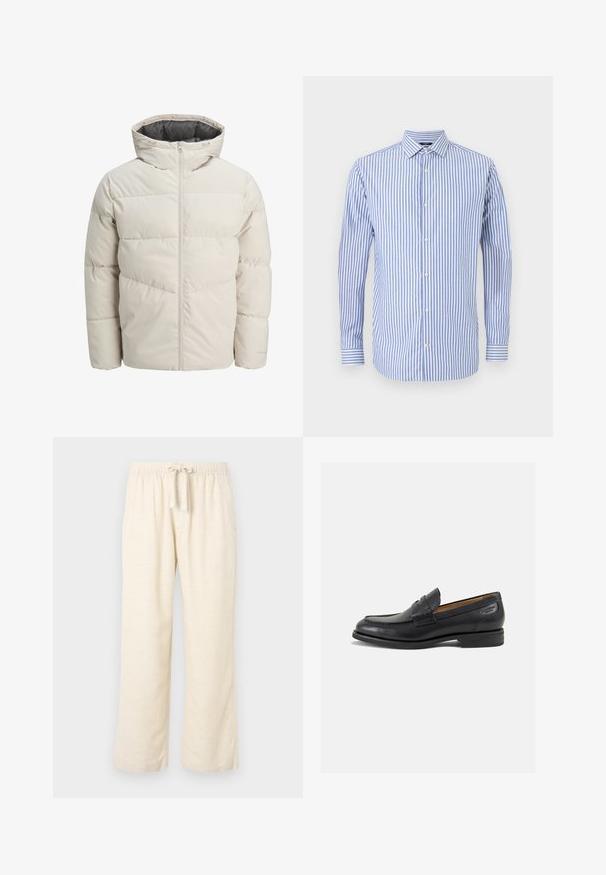 Vadderad jacka i ljusbeige färg med hög krage och dragkedjestängning. Har en quiltad design och elastiskaärmavslut. Lättviktsmaterial.; Blå och vit randig skjorta med knappar, krage, långa ärmar och rak nederkant. Mjuk tyg och klassisk passform.; Byxor med vida ben i linneblandning i off-white, med elastisk midja och dragsko. Slät textur och helängdsdesign.; Svarta läder loafers med en slät ytfinish, rund tå och dekorativ sömnad på vampen. Låg staplad klack och lätt glans.