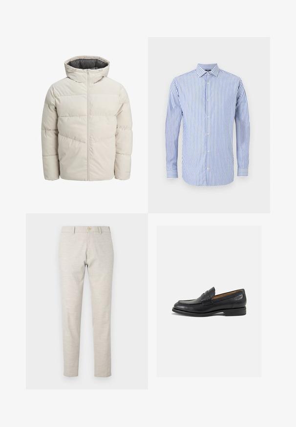 Padded jacket in light beige color with a high collar and zip closure. Features a quilted design and elastic cuffs. Lightweight fabric.; Blue and white striped button-up shirt with a collar, long sleeves, and a straight hem. Soft fabric and classic fit.; Light beige trousers with a straight fit, made of lightweight fabric. Features a single button closure and simple stitching details.; Black leather loafers with a smooth finish, rounded toe, and decorative stitching on the vamp. Low stacked heel and slight shine.