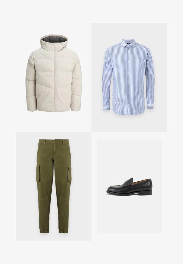 Valgebež väike paks jope kõrge kraega ja lukuga. Omab tikandit ja elastseid mansette. Kerge kangas.; Sinine ja valge triibuline nööbiga särk kraega, pika varrukaga ja sirge hemiga. Pehme kangas ja klassikaline lõige.; Oliivrohelised cargo-püksid elastsete varrukatega, millel on kaks külgpokki, ees nupuga sulgu ja sile ning kerge kangas.; Mustad mustad nahast loafers, sujuva viimistlusega, ümar sirge ja dekoratiivne tikand peal. Madal ja kergelt kuhjatud konts ning kerge läige.