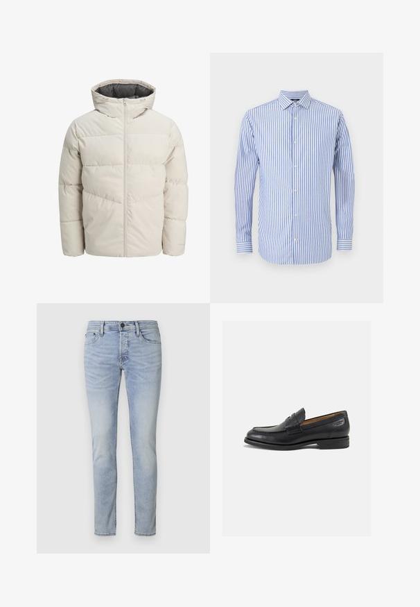 Jachetă captusită de culoare bej deschis, cu guler înalt și închidere cu fermoar. Prezintă un design matlasat și manșete elastice. Material ușor.; Cămașă cu dungi albastre și albe, cu butoni, guler, mâneci lungi și tiv drept. Material moale și croială clasică.; Blugi din denim bleu deschis, cu o croială slim, design cu cinci buzunare și fermoar. Prezintă decolorări subtile și detalii cusute pe cusături.; Mocasini din piele neagră cu o finisare netedă, vârf rotund și cusături decorative pe partea superioară. Toc mic și stivuit, cu o ușoară strălucire.