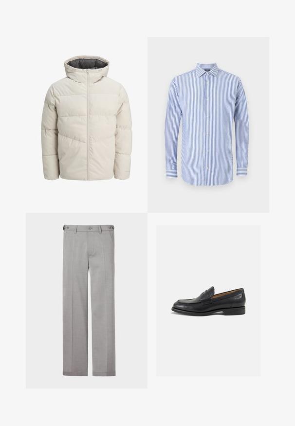 Polstret jakke i lys beige farge med høy krage og glidelås. Har en quiltet design og elastiske mansjetter. Lettvektstoff.; Blå og hvitstripete skjorte med krage, lange ermer og rett fald. Myk stoff og klassisk passform.; Grå skreddersydde bukser med rette ben, laget av glatt stoff. Har to frontlommer og dobbel knappelukking i livet.; Sorte lær loafers med en glat overflade, rund tå og dekorativ syning på forfoden. Lav stablet hæl og let glans.