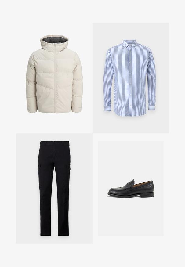 Padded jacket in light beige color with a high collar and zip closure. Features a quilted design and elastic cuffs. Lightweight fabric.; Blue and white striped button-up shirt with a collar, long sleeves, and a straight hem. Soft fabric and classic fit.; Black cargo pants made of sturdy fabric, featuring a regular fit, button closure, and two side cargo pockets. Plain texture with no patterns.; Black leather loafers with a smooth finish, rounded toe, and decorative stitching on the vamp. Low stacked heel and slight shine.