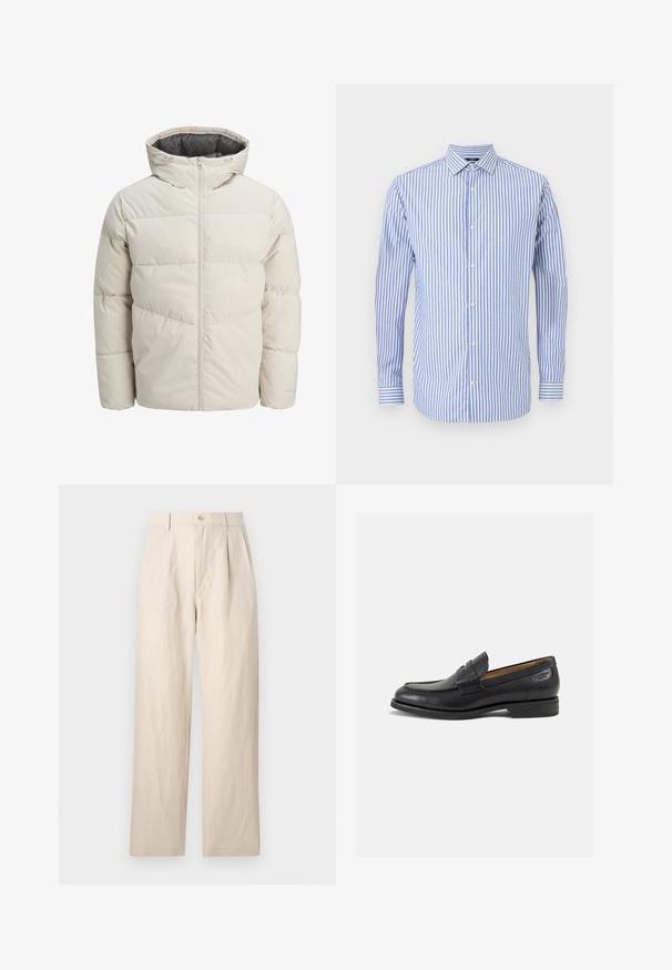 Padded jakna u svijetlosmeđoj boji s visokim ovratnikom i zatvaračem na munju. Ima kvadratni dizajn i elastične manžetne. Lagana tkanina.; Plava i bijela prugasta košulja s dugim rukavima, kragnom i ravnim rubom. Mekana tkanina i klasičan kroj.; Beige lanene hlače s opuštenim krojem, s ravnim prednjim dijelom, jednim dugmetom i dva džepa. Naborana tekstura dodaje detalj.; Crne kožne loferice s glatkom površinom, zaobljenim vrhom i dekorativnim šavom na gornjem dijelu. Nizak potplat s malim potpeticama i blagi sjaj.