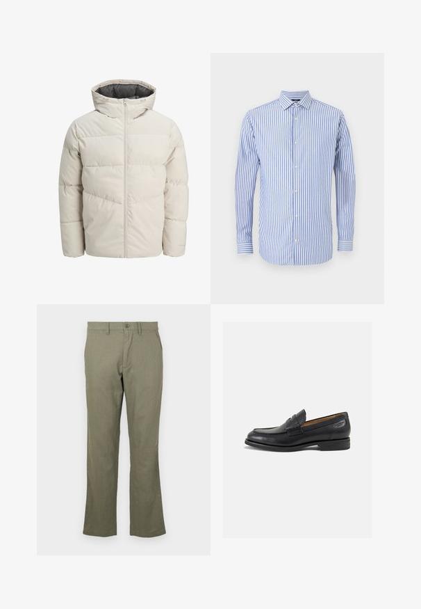 Padded jacket in light beige color with a high collar and zip closure. Features a quilted design and elastic cuffs. Lightweight fabric.; Blue and white striped button-up shirt with a collar, long sleeves, and a straight hem. Soft fabric and classic fit.; Casual olive green pants made of a soft fabric. Features a straight leg cut, front pockets, and a button closure. No visible patterns.; Black leather loafers with a smooth finish, rounded toe, and decorative stitching on the vamp. Low stacked heel and slight shine.