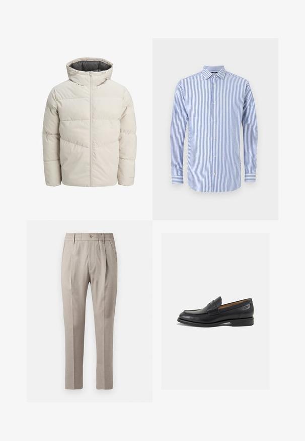 Padded jacket in light beige color with a high collar and zip closure. Features a quilted design and elastic cuffs. Lightweight fabric.; Blue and white striped button-up shirt with a collar, long sleeves, and a straight hem. Soft fabric and classic fit.; Beige tailored trousers with a smooth texture, featuring a button closure, elastic waistband, and two front pockets. Straight-leg design.; Black leather loafers with a smooth finish, rounded toe, and decorative stitching on the vamp. Low stacked heel and slight shine.