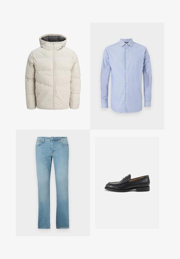 Polstret jakke i lys beige farge med høy krage og glidelås. Har en quiltet design og elastiske mansjetter. Lettvektstoff.; Blå og hvitstripete skjorte med krage, lange ermer og rett fald. Myk stoff og klassisk passform.; Lyseblå jeans laget av denim, med rett ben-design, fem lommer, knappelukking og subtil fading for tekstur.; Sorte lær loafers med en glat overflade, rund tå og dekorativ syning på forfoden. Lav stablet hæl og let glans.