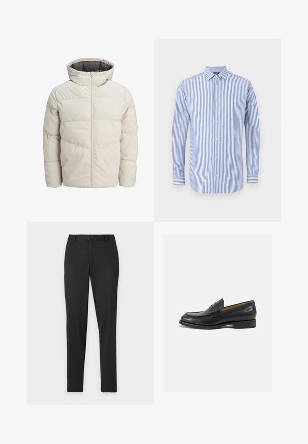 Párnázott dzseki világos bézs színben, magas gallérral és cipzáras záródással. Steppelt dizájn és rugalmas mandzsetta jellemzi. Könnyű anyag.; Kék és fehér csíkos gombos ing, gallérral, hosszú ujjal és egyenes aljjal. Puha anyagból készült klasszikus fazon.; Fekete szabott nadrág, sima anyagból, egyenes szárú kialakítással, egy gombos záródással és diszkrét zsebekkel.; Fekete bőr loaferek sima felülettel, lekerekített orral és díszítő varrással a lábfejen. Alacsony, réteges sarkú és enyhe fényű.