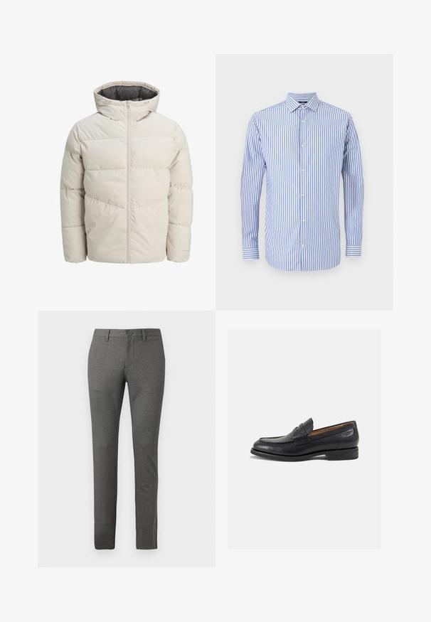Jachetă captusită de culoare bej deschis, cu guler înalt și închidere cu fermoar. Prezintă un design matlasat și manșete elastice. Material ușor.; Cămașă cu dungi albastre și albe, cu butoni, guler, mâneci lungi și tiv drept. Material moale și croială clasică.; Pantaloni gri, ajustați, cu un finisaj texturat, design slim fit, buzunare frontale și închidere cu un singur nasture la talie.; Mocasini din piele neagră cu o finisare netedă, vârf rotund și cusături decorative pe partea superioară. Toc mic și stivuit, cu o ușoară strălucire.