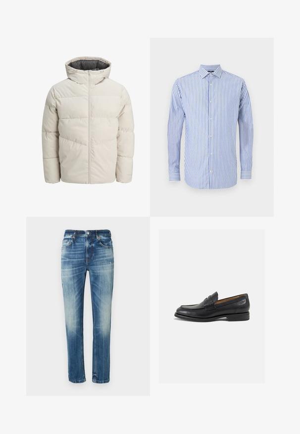 Chaqueta acolchada en color beige claro con un alto cuello y cierre de cremallera. Presenta un diseño acolchado y puños elásticos. Tejido ligero.; Camisa de botones a rayas azul y blanca con cuello, mangas largas y dobladillo recto. Tejido suave y corte clásico.; Jeans de mezclilla azul con un acabado desteñido, corte recto, cinco bolsillos y costuras naranjas en contraste. Detalles ligeramente desgastados en la tela.; Mocasines de cuero negro con un acabado suave, punta redondeada y costuras decorativas en la parte superior. Tacón bajo apilado y un ligero brillo.