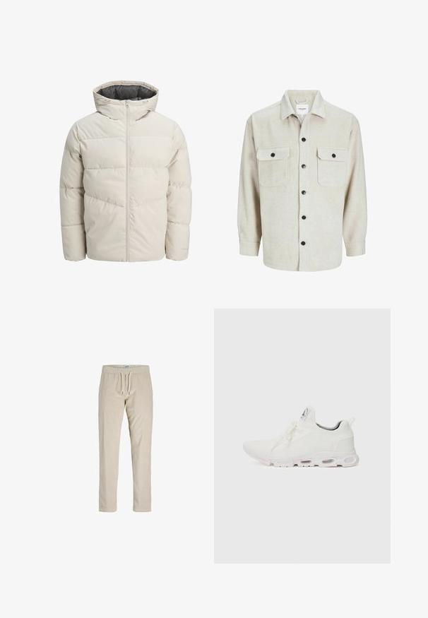 Padded jacket in light beige color with a high collar and zip closure. Features a quilted design and elastic cuffs. Lightweight fabric.; Beige flannel shirt with a collared neckline, featuring two chest pockets, black buttons, and long sleeves with buttoned cuffs.; Beige corduroy pants with a drawstring waist, straight legs, and vertical ribbed texture. No pockets or additional embellishments.; White athletic shoes featuring a textured knit upper, flat laces, and a cushioned sole with visible air chambers for added support.