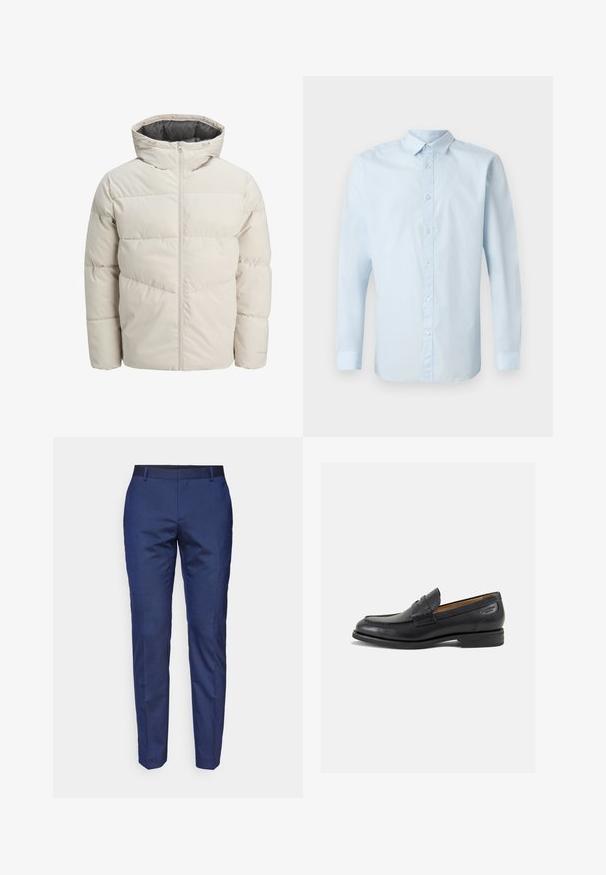 Padded jacket in light beige color with a high collar and zip closure. Features a quilted design and elastic cuffs. Lightweight fabric.; Jasnoniebieska, długa koszula z długim rękawem, wykonana z gładkiego materiału, z zapięciem na guziki z przodu, standardowym kołnierzykiem i mankietami na guziki.; Granatowe, dopasowane spodnie o gładkiej fakturze, wąskim prostym kroju i czarnym pasie. Brak widocznych wzorów lub detali metalowych.; Czarne skórzane mokasyny o gładkim wykończeniu, zaokrąglonym nosku i dekoracyjnym przeszyciu na cholewce. Niski, warstwowy obcas i delikatny połysk.