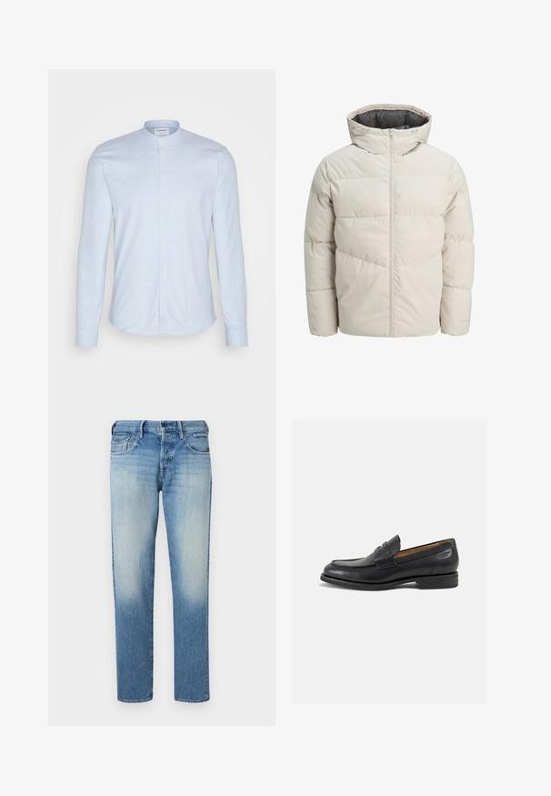 Casaco acolchoado em bege claro com gola alta e fecho de zip. Apresenta um design acolchoado e punhos elásticos. Tecido leve.; Camisa de manga longa azul-claro com colarinho mandarim, apresentando um fecho de botões e um tecido suave e texturizado. Corte ajustado com barra arredondada.; Jeans de denim azul claro com acabamento desbotado, pernas de corte reto, cinco bolsos e fecho com botão. Detalhes de costura e etiqueta da marca na parte de trás.; Mocassins pretos de pele com um acabamento suave, bico redondo e costura decorativa no a parte superior. Salto baixo e empilhado com um ligeiro brilho.
