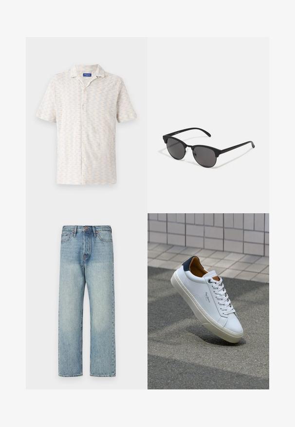 Vadderad jacka i ljusbeige färg med hög krage och dragkedjestängning. Har en quiltad design och elastiskaärmavslut. Lättviktsmaterial.; Kortärmad skjorta med knappar i ljusa färger, med ett zigzag-mönster, krage och fem framknappar. Tillverkad av ventilerande tyg.; Ljusblå denimjeans med rak bendesign, fem fickor och bronsdetaljer. Minimal blekning med en ren finish.; Vita lädersneakers med en marinblå häl, rund tå och kontrasterande bruna detaljer. Har plana snören och en texturerad gummisula.; Svarta solglasögon med rundade linser, matt finish och tydlig cat-eye form. Smala skalmar med subtil logotyp på vänster skalmtempel.