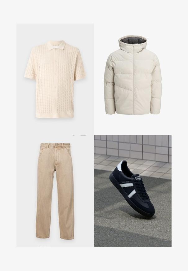 Vaatteet, joissa on vaahtomuovilla vuorattuja takkeja vaaleanbeige värissä, joissa on korkea kaulus ja vetoketjukiinnitys. Takissa on tikattu malli ja elastiset hihansuut. Kevyt kangas.; Lyhythihainen nappipaita vaaleassa kermaassa, jossa on teksturoitu neulekuvio, kaulus ja viisi nappia edessä.; Beige farkkuhousut suoranlahkeisella muotoilulla, joissa on etutaskut, metallinen nappisulku ja hillitty rakenne.; Mustat nahkakengät valkoisilla raidoilla, teksturoitu kumipohja ja nauha edessä. Varustettu merkkitarralla kielen päällä.