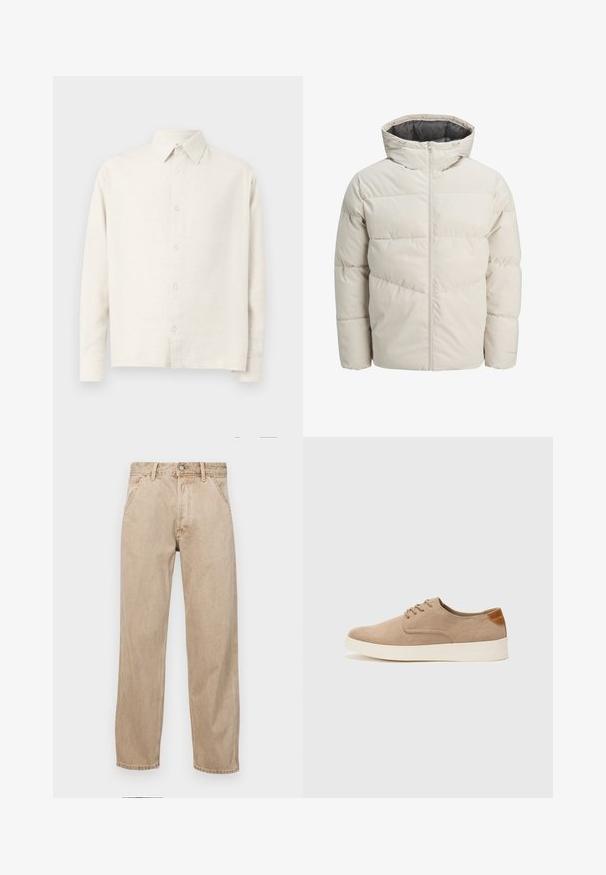 Pružná bunda svetlej béžovej farby s vysokým golierom a zipsom. Má prešívaný dizajn a elastické manžety. Ľahký materiál.; Světle béžová dlouhá košile s dlouhými rukávy vyrobená z texturované tkaniny. Má límec a opatření předního uzávěru na knoflíky s rovnými lemy.; Bežové denimové rifle so strihom rovného nohu, s prednými vreckami, kovovým zapínaním na gombík a jemnou textúrou.; Béžové semišové tenisky s okrúhlou špičkou, šnurovaním vpredu a textúrovaným zadným akcentom. Biela gumová podrážka poskytuje kontrast. Jednoduchý a moderný dizajn.