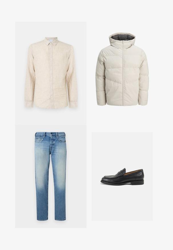 Chaqueta acolchada en color beige claro con un alto cuello y cierre de cremallera. Presenta un diseño acolchado y puños elásticos. Tejido ligero.; Camisa de manga larga beige hecha de tela texturizada, con un cuello clásico, cierre de botones y un corte relajado.; Vaqueros de mezclilla azul claro con acabado desgastado, piernas de corte recto, cinco bolsillos y cierre de botón. Detalles de costura y etiqueta de la marca en la parte trasera.; Mocasines de cuero negro con un acabado suave, punta redondeada y costuras decorativas en la parte superior. Tacón bajo apilado y un ligero brillo.