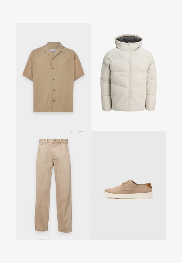 Pufota jaka gaišā bēžā krāsā ar augstu apkakli un rāvējslēdzēja aizdari. Iekļauj kviltotu dizainu un elastīgas aproces. Viegls audums.; Šorta piedurkņu krekls gaiši brūnā audumā, ar apkakli, pogu aizdari un gludu tekstūru. Vienkāršs dizains bez rakstiem.; Beige džinsi ar taisnu kāju dizainu, ar priekšējiem kabatām, metāla pogu aizdari un smalku faktūru.; Beige zamšādas kedas ar noapaļotu purngala daļu, auklēm saplacinātu priekšpusi un teksturētu aizmugures akcentu. Balta gumijas zole nodrošina kontrastu. Vienkāršs un mūsdienīgs dizains.