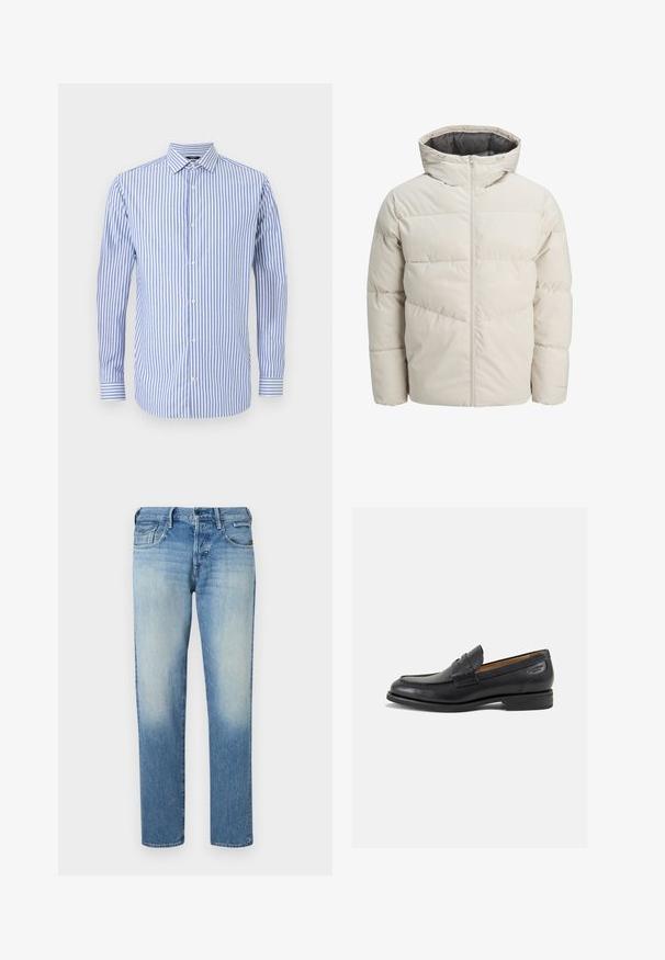 Padded jacket in light beige color with a high collar and zip closure. Features a quilted design and elastic cuffs. Lightweight fabric.; Niebieska i biała wrzosowa koszula na guziki z kołnierzykiem, długimi rękawami i prostym dołem. Miękki materiał i klasyczny krój.; Jasnoniebieskie dżinsy o wybledzonym wykończeniu, proste nogawki, pięć kieszeni i zapięcie na guzik. Szyte detale i metka marki z tyłu.; Czarne skórzane mokasyny o gładkim wykończeniu, zaokrąglonym nosku i dekoracyjnym przeszyciu na cholewce. Niski, warstwowy obcas i delikatny połysk.