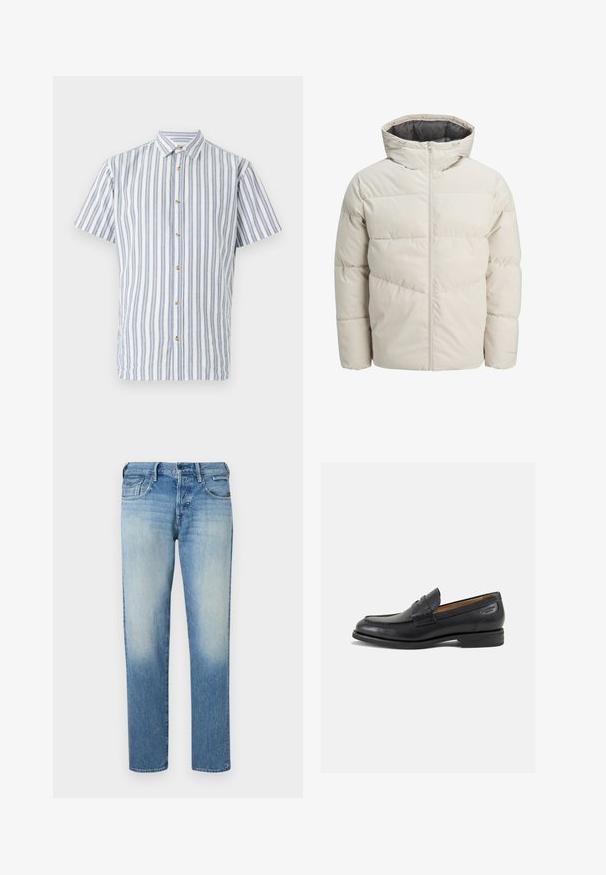 Casaco acolchoado em bege claro com gola alta e fecho de zip. Apresenta um design acolchoado e punhos elásticos. Tecido leve.; Camisa de mangas curtas em azul claro e riscas brancas, com fecho à frente por botões e botões bege. Feita de tecido texturizado.; Jeans de denim azul claro com acabamento desbotado, pernas de corte reto, cinco bolsos e fecho com botão. Detalhes de costura e etiqueta da marca na parte de trás.; Mocassins pretos de pele com um acabamento suave, bico redondo e costura decorativa no a parte superior. Salto baixo e empilhado com um ligeiro brilho.