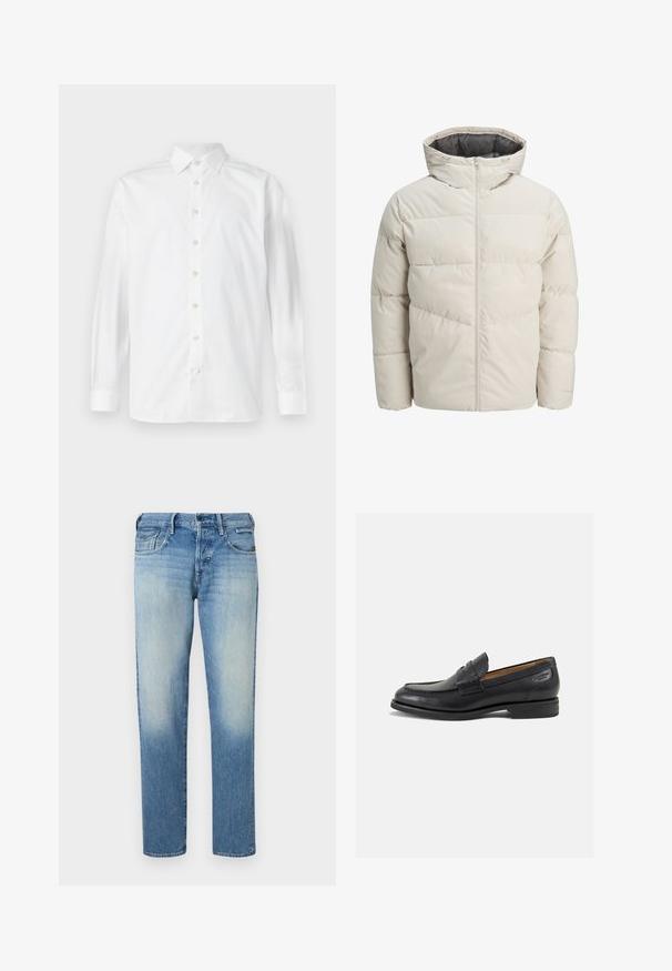 Casaco acolchoado em bege claro com gola alta e fecho de zip. Apresenta um design acolchoado e punhos elásticos. Tecido leve.; Camisa branca de mangas longas com colarinho clássico, fecho frontal com botões e uma textura subtil, com barra curva e punhos com botão.; Jeans de denim azul claro com acabamento desbotado, pernas de corte reto, cinco bolsos e fecho com botão. Detalhes de costura e etiqueta da marca na parte de trás.; Mocassins pretos de pele com um acabamento suave, bico redondo e costura decorativa no a parte superior. Salto baixo e empilhado com um ligeiro brilho.