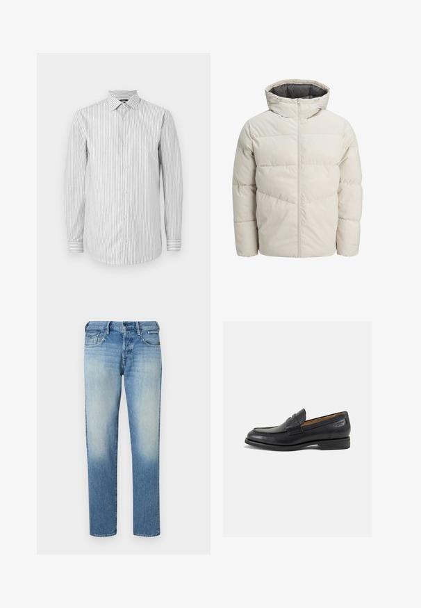 Pufota jaka gaišā bēžā krāsā ar augstu apkakli un rāvējslēdzēja aizdari. Iekļauj kviltotu dizainu un elastīgas aproces. Viegls audums.; Svītruota garenās piedurknēs krekla krekla baltā un gaiši pelēkā krāsā, ar apkakli un pogu aizdari, ar kontrastējošām svītrojumu aprocēm un gludu tekstūru.; Gai zila denima bikses ar izbalinātu faktūru, taisna griezuma kājas, piecas kabatas un pogu aizdare. Izšuvumi un zīmola uzlīme aizmugurē.; Melnas ādas loafers ar gludu apdari, noapaļotu purngalu un dekoratīvām šuvēm uz virsu. Zems, sakrauta papēža un neliels spīdums.