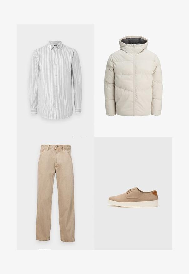 Giacca imbottita di colore beige chiaro con colletto alto e chiusura con zip. Presenta un design trapuntato e polsini elasticizzati. Tessuto leggero.; Camicia a maniche lunghe a righe di colore bianco e grigio chiaro, con colletto e chiusura a bottoni, con polsini a righe a contrasto e una trama liscia.; Jeans in denim beige con un design a gamba dritta, dotati di tasche frontali, chiusura con bottone metallico e una texture delicata.; Sneaker in suede beige con punta arrotondata, stringhe davanti e un accento testurizzato sul retro. La suola in gomma bianca offre un contrasto. Design semplice e moderno.