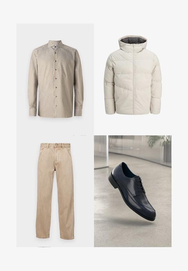 Padded jacket in light beige color with a high collar and zip closure. Features a quilted design and elastic cuffs. Lightweight fabric.; Striped button-up shirt in brown and white, long sleeves, classic collar, features vertical stripes and contrasting cuff detailing.; Beige denim jeans with a straight leg design, featuring front pockets, a metal button closure, and subtle texture.; Glossy black leather dress shoe with laces, floating above a smooth, light gray floor and vertical metallic bars in the background.