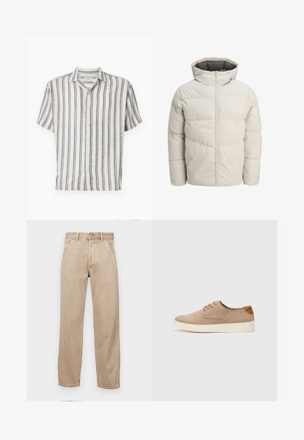 Veste matelassée de couleur beige clair avec un col montant et une fermeture éclair. Présente un design matelassé et des poignets élastiques. Tissu léger.; Chemise à manches courtes boutonnée en crème avec des rayures verticales noires. Dotée d'un col et de cinq boutons sur le devant. Tissu texturé.; Jeans en denim beige avec une coupe droite, dotés de poches avant, d'une fermeture à bouton en métal et d'une texture subtile.; Baskets en daim beige avec un embout arrondi, un laçage sur le devant et un accent texturé à l'arrière. La semelle en caoutchouc blanche offre un contraste. Design simple et moderne.