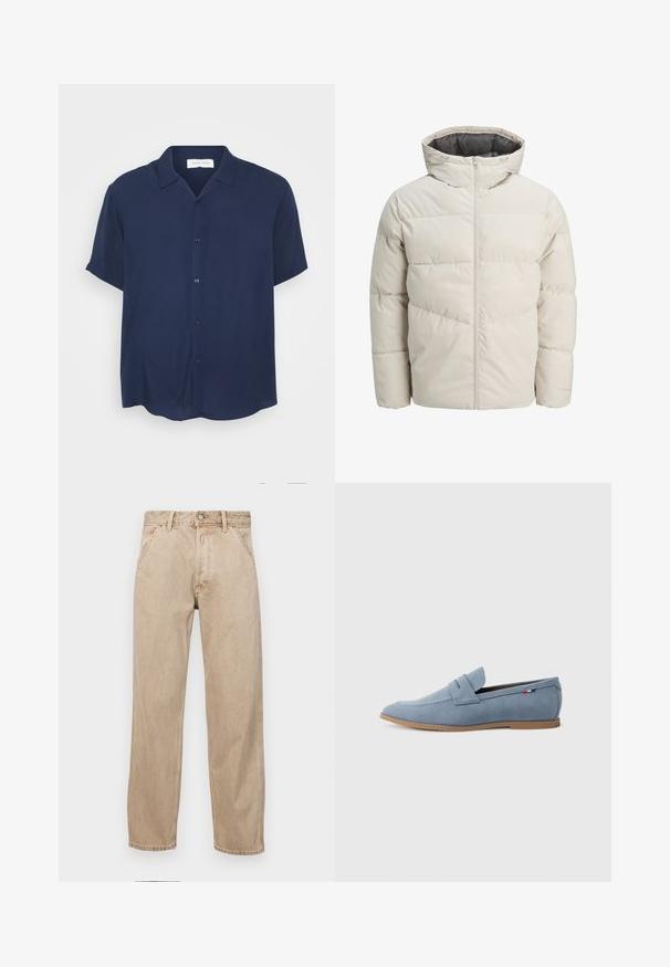 Polstret jakke i lys beige farve med høj krave og lynlås. Har et quiltet design og elastiske manchetter. Letvægtsstof.; Marineblå kortærmet skjorte lavet af glat stof, med knaplukning foran, krave og en buet kant.; Beige denimjeans med lige bendesign, med forlommer, metalknaplukning og subtil struktur.; Lys blå ruskinds loafer med en glat tekstur, dekorativt syning og en brun gummisål. Har et penny slot design på overdelen.
