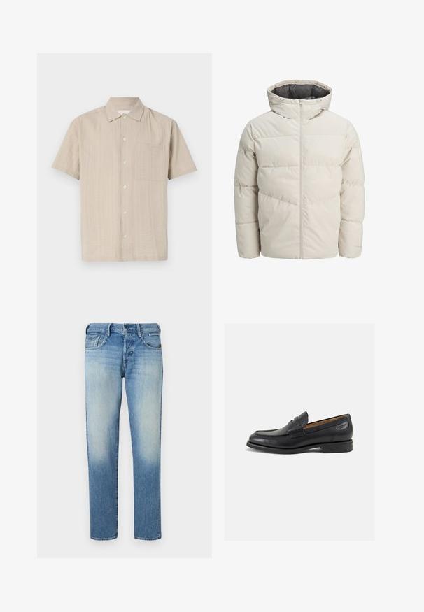 Párnázott dzseki világos bézs színben, magas gallérral és cipzáras záródással. Steppelt dizájn és rugalmas mandzsetta jellemzi. Könnyű anyag.; Rövid ujjú ing világos bézs színű anyagból, texturált mintával, gombos záródással és bal oldali mellzsebbel. Klasszikus galléros dizájn.; Világoskék farmernadrág, kopott hatású, egyenes szabású lábszárral, öt zsebbel és gombos zárással. Steppelt részletek és márkajelzés a hátsó részen.; Fekete bőr loaferek sima felülettel, lekerekített orral és díszítő varrással a lábfejen. Alacsony, réteges sarkú és enyhe fényű.