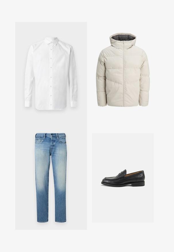 Padded jacket in light beige color with a high collar and zip closure. Features a quilted design and elastic cuffs. Lightweight fabric.; White long-sleeve button-up shirt with a classic collar, front placket with buttons, and a smooth cotton texture.; Light blue denim jeans with a faded finish, straight-cut legs, five pockets, and button closure. Stitched detailing and brand label on the back.; Black leather loafers with a smooth finish, rounded toe, and decorative stitching on the vamp. Low stacked heel and slight shine.