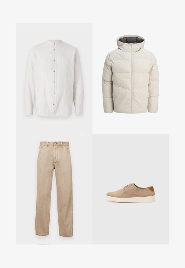 Veste matelassée de couleur beige clair avec un col montant et une fermeture éclair. Présente un design matelassé et des poignets élastiques. Tissu léger.; Chemise à rayures en crème clair et beige subtil, avec un col montant, des manches longues et des boutons ronds sur le devant.; Jeans en denim beige avec une coupe droite, dotés de poches avant, d'une fermeture à bouton en métal et d'une texture subtile.; Baskets en daim beige avec un embout arrondi, un laçage sur le devant et un accent texturé à l'arrière. La semelle en caoutchouc blanche offre un contraste. Design simple et moderne.