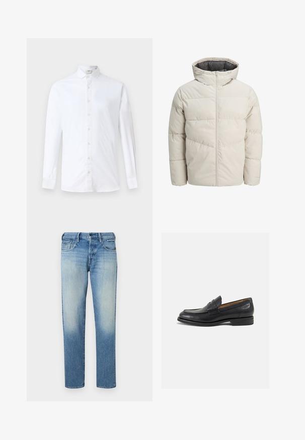 Gevoerde jas in lichtbeige kleur met een hoge kraag en ritssluiting. Heeft een gestikt design en elastische manchetten. Lichtgewicht stof.; Witte lange mouwen overhemd met knoopsluiting van katoen, met een klassieke kraag, rechte snit en een zachte textuur met bijpassende knopen.; Lichtblauwe denim jeans met een vervaagde afwerking, rechte pijpen, vijf zakken en knoopsluiting. Gestikte details en merkembleem op de achterkant.; Zwarte leren loafers met een gladde afwerking, ronde neus en decoratieve stiksels op de wreef. Lage gestapelde hak en een lichte glans.