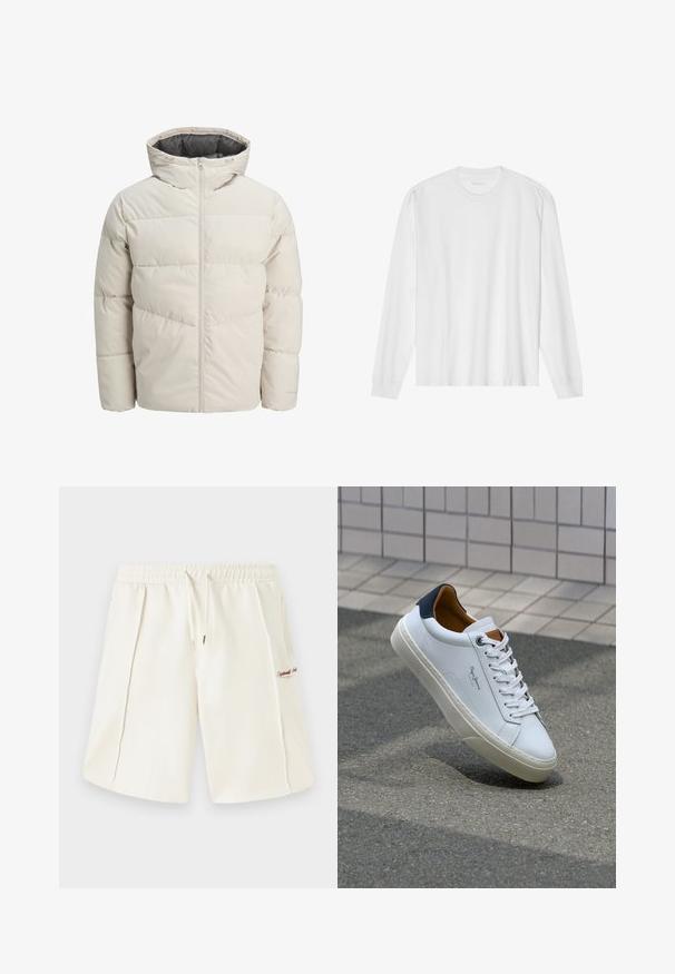 Padded jacket in light beige color with a high collar and zip closure. Features a quilted design and elastic cuffs. Lightweight fabric.; Long-sleeve white cotton t-shirt with a crew neck and ribbed cuffs. Simple, unembellished design, featuring smooth texture and standard fit.; Cream-colored shorts made from soft fabric, featuring an elastic waistband, drawstring, side pockets, and a small red logo detail on the side.; White leather sneaker with a navy heel, round toe, and contrasting brown accents. Features flat laces and textured rubber sole.