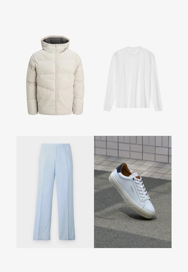 Leichte gepolsterte Jacke in hellbeige mit hohem Kragen und Reißverschluss. Verfügt über ein gestepptes Design und elastische Bündchen. Leichter Stoff.; Langärmliges weißes Baumwoll-T-Shirt mit Rundhalsausschnitt und gerippten Bündchen. Einfaches, ungeschmücktes Design mit glatter Textur und normaler Passform.; Hellblaue, weite Hosen aus weichem Stoff mit gerippter Textur und elastischem Bund, ausgestattet mit Frontfalten und lässiger Passform.; Weiße Ledersneaker mit navyfarbenem Fersenbereich, runder Zehenpartie und kontrastierenden braunen Akzenten. Verfügt über flache Schnürsenkel und eine strukturierte Gummisohle.