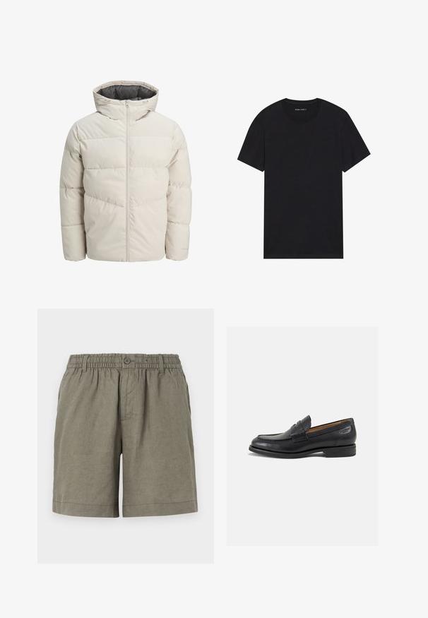 Polstret jakke i lys beige farge med høy krage og glidelås. Har en quiltet design og elastiske mansjetter. Lettvektstoff.; Svart bomulls t-skjorte med korte ermer og rund hals. Stoffet har en glatt tekstur og et enkelt, ensfarget design.; Kaki shorts i lett materiale med elastisk midje og knappeclosure. Har et rett ben-design og oppbrettet hem.; Sorte lær loafers med en glat overflade, rund tå og dekorativ syning på forfoden. Lav stablet hæl og let glans.