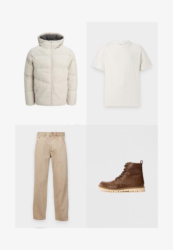 Leichte gepolsterte Jacke in hellbeige mit hohem Kragen und Reißverschluss. Verfügt über ein gestepptes Design und elastische Bündchen. Leichter Stoff.; Weißes T-Shirt mit kurzen Ärmeln in gerippter Textur. Runder Ausschnitt, lockere Passform, keine sichtbaren Muster oder Akzente. Einfaches und vielseitiges Design.; Beige Denim-Jeans mit geradem Beinschnitt, ausgestattet mit Vordertaschen, einem Metallknopfverschluss und feiner Textur.; Braune Leder-Ankle-Boots mit strukturierter Oberflächenbeschaffenheit, runden braunen Schnürsenkeln, einer Zuglasche und einer hellen Gummisohle mit Rillen.