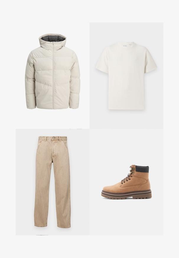 Leichte gepolsterte Jacke in hellbeige mit hohem Kragen und Reißverschluss. Verfügt über ein gestepptes Design und elastische Bündchen. Leichter Stoff.; Weißes T-Shirt mit kurzen Ärmeln in gerippter Textur. Runder Ausschnitt, lockere Passform, keine sichtbaren Muster oder Akzente. Einfaches und vielseitiges Design.; Beige Denim-Jeans mit geradem Beinschnitt, ausgestattet mit Vordertaschen, einem Metallknopfverschluss und feiner Textur.; Braune Lederschuh mit schwarzem gepolstertem Kragen, Metallösen, braunen Schnürsenkeln und dicker brauner Profilsohle auf weißem Hintergrund.