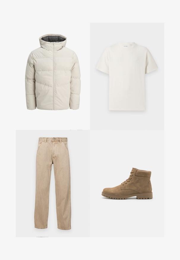 Giacca imbottita di colore beige chiaro con colletto alto e chiusura con zip. Presenta un design trapuntato e polsini elasticizzati. Tessuto leggero.; T-shirt bianca a maniche corte in texture a coste. Girocollo, vestibilità rilassata, senza modelli o accenti visibili. Design semplice e versatile.; Jeans in denim beige con un design a gamba dritta, dotati di tasche frontali, chiusura con bottone metallico e una texture delicata.; Stivali alla caviglia in suede tan con punta arrotondata, colletto imbottito, sei paia di occhielli e suola in gomma spessa con dettagli scanalati.